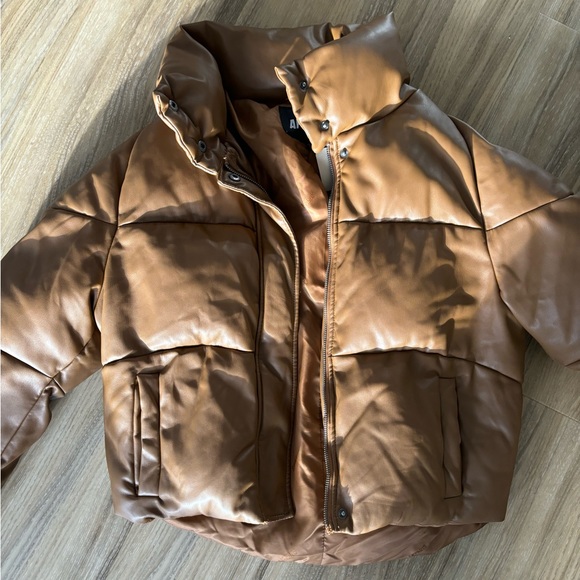 Apparis brown leather puffer coat - Picture 3 of 5